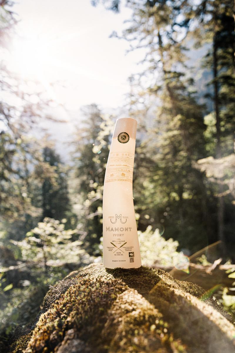 Bottle of Mamont Ivory vodka sat on mossy rock in treeline